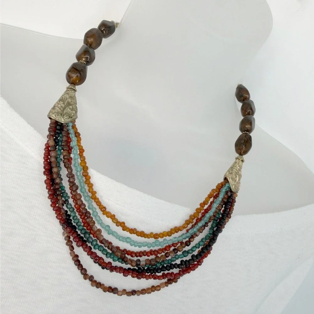 Boho Multi Strand Seed Bead Bib Necklace Earth Tone Marbled Resin Chic 103-156